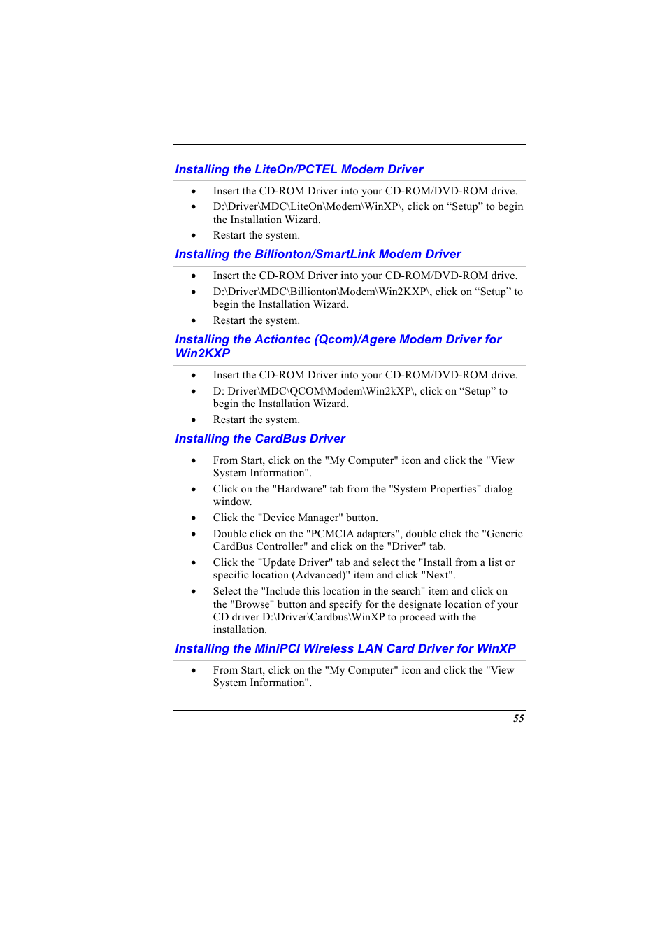 Installing the liteon/pctel modem driver, Installing the billionton/smartlink modem driver, Installing the cardbus driver | Elitegroup G900 User Manual User Manual | Page 63 / 103