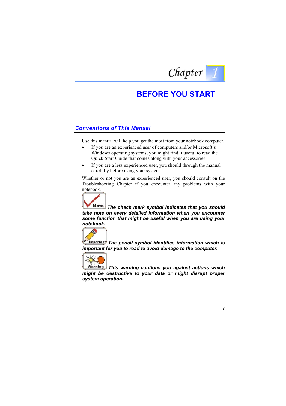 Conventions of this manual, Chapter 1: before you start, Before you start | Elitegroup G900 User Manual User Manual | Page 9 / 103