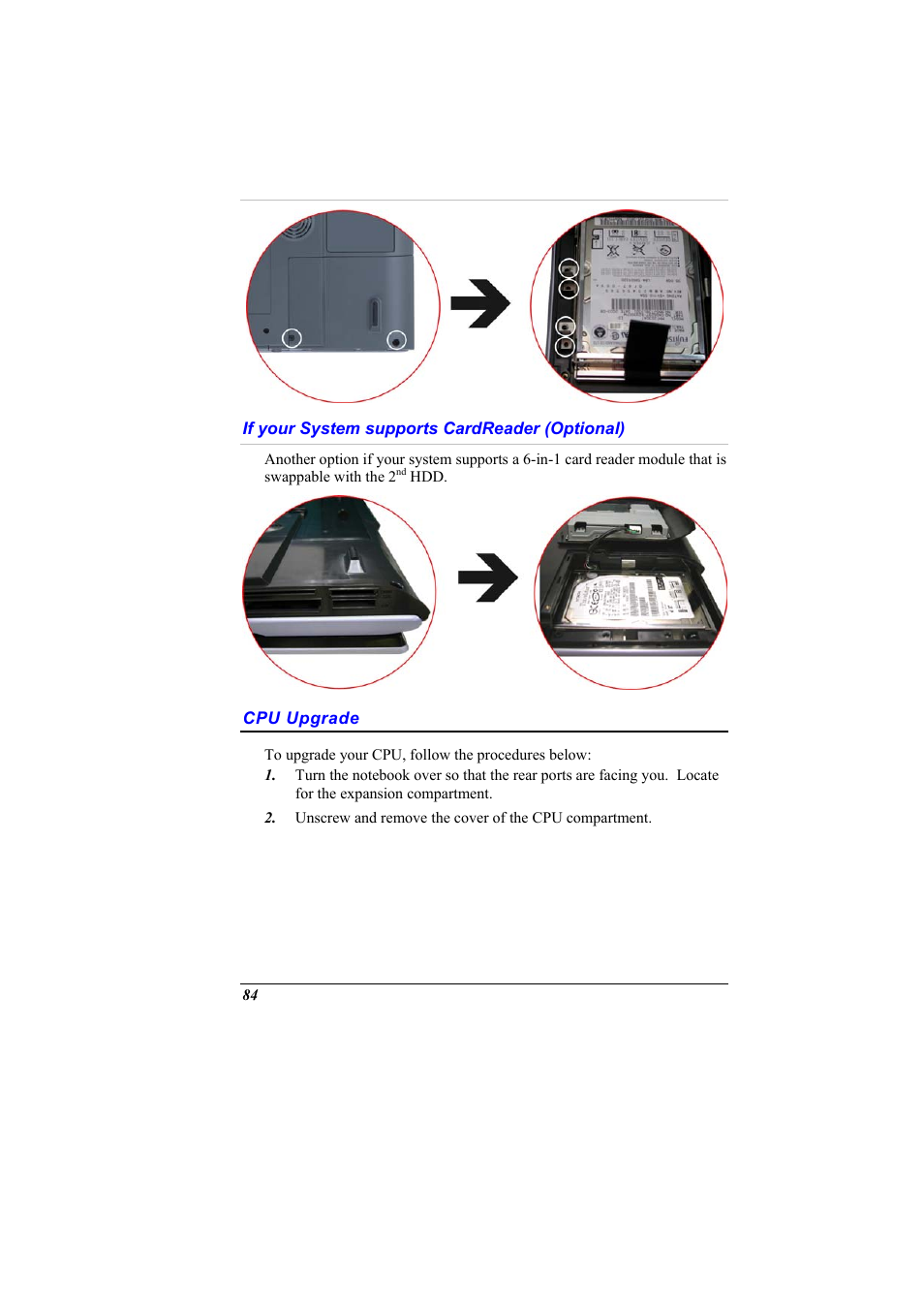 If your system supports cardreader (optional), Cpu upgrade | Elitegroup G900 User Manual User Manual | Page 92 / 103
