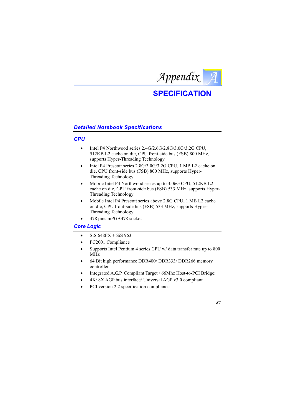 Detailed notebook specifications, Core logic, Appendix a: specification | Specification | Elitegroup G900 User Manual User Manual | Page 95 / 103