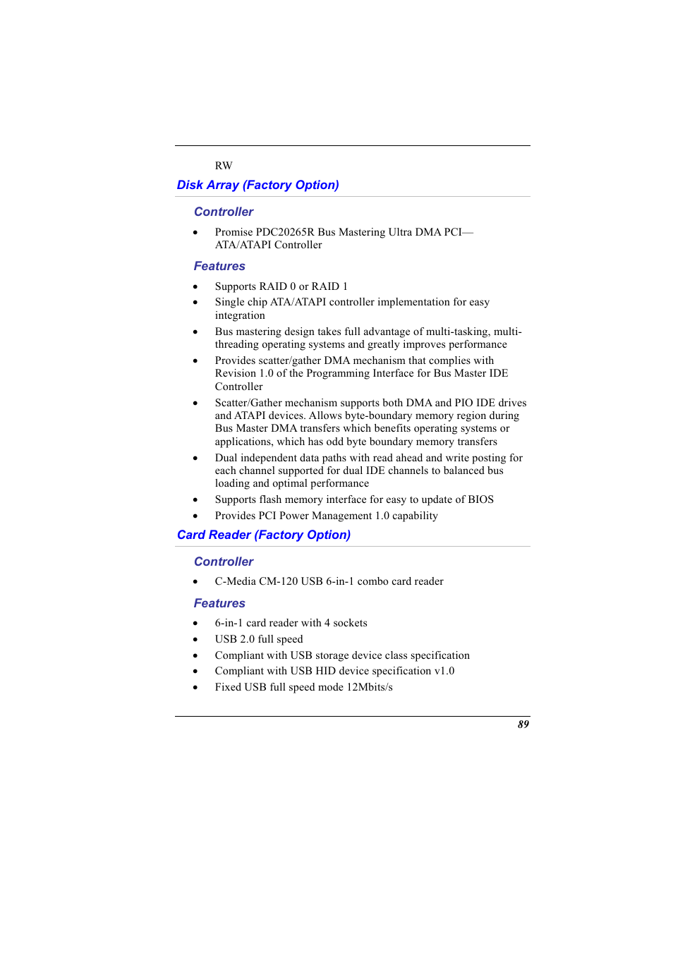 Disk array (factory option), Controller, Features | Card reader (factory option) | Elitegroup G900 User Manual User Manual | Page 97 / 103