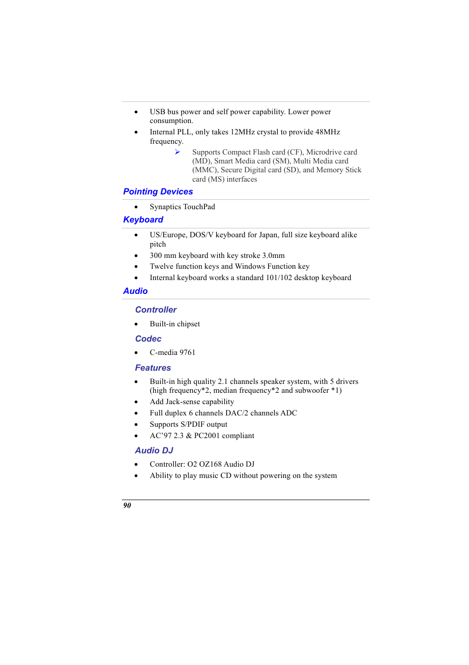 Pointing devices, Keyboard, Audio | Controller, Codec, Features, Audio dj | Elitegroup G900 User Manual User Manual | Page 98 / 103