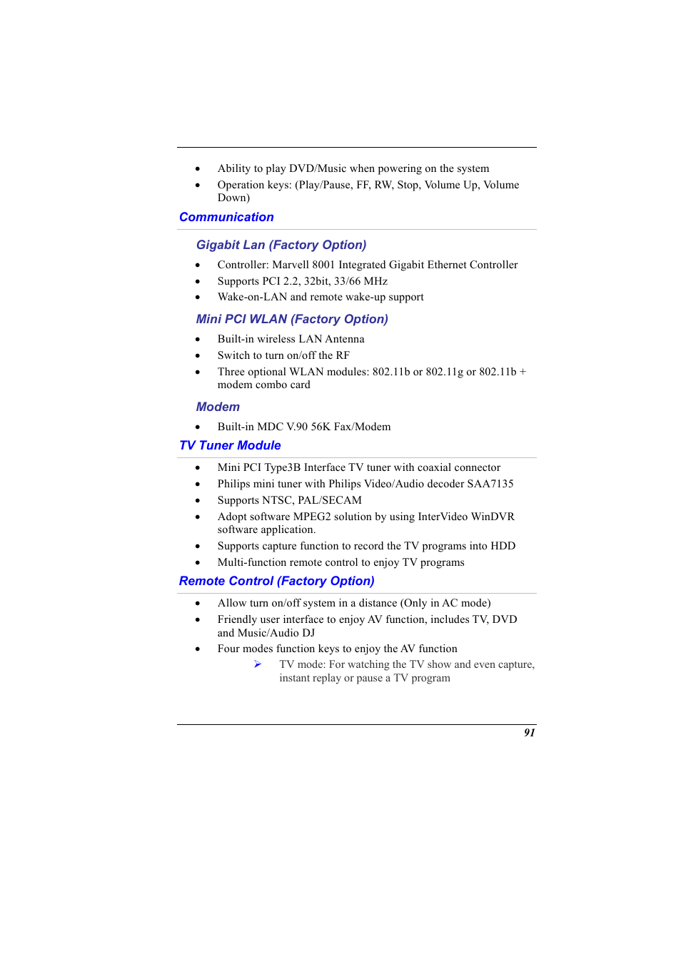 Communication, Gigabit lan (factory option), Mini pci wlan (factory option) | Modem, Tv tuner module, Remote control (factory option) | Elitegroup G900 User Manual User Manual | Page 99 / 103