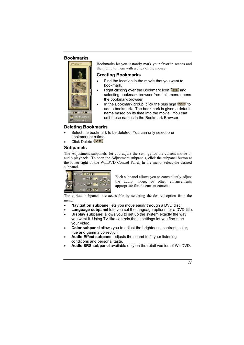 Bookmarks, Creating bookmarks, Deleting bookmarks | Subpanels | Elitegroup G900 Remote control User Manual | Page 11 / 18