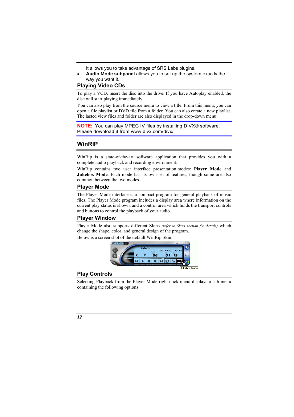 Playing video cds, Winrip, Player mode | Player window, Play controls | Elitegroup G900 Remote control User Manual | Page 12 / 18