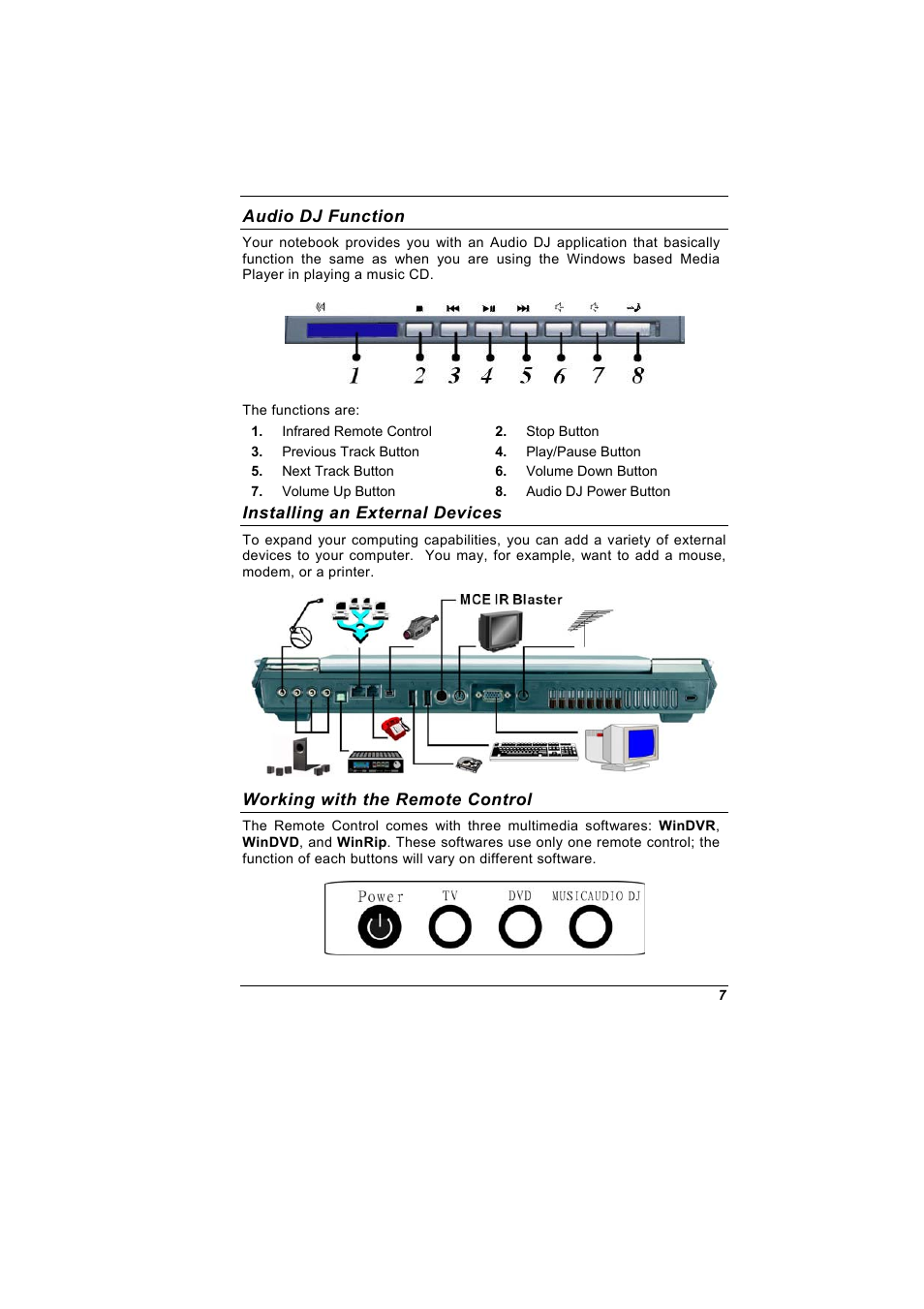 Audio dj function, Installing an external devices, Working with the remote control | Elitegroup G900 Quick Guide User Manual | Page 7 / 10