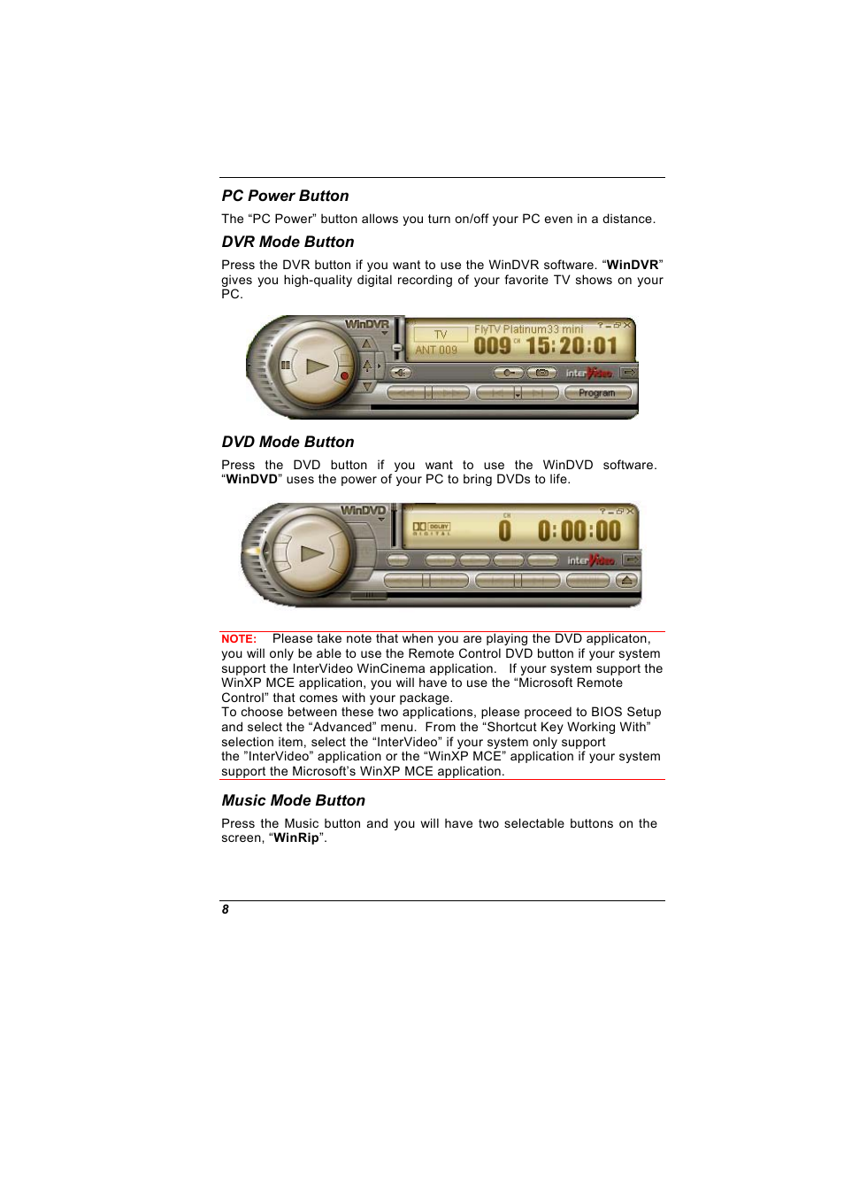 Pc power button, Dvr mode button, Dvd mode button | Music mode button | Elitegroup G900 Quick Guide User Manual | Page 8 / 10