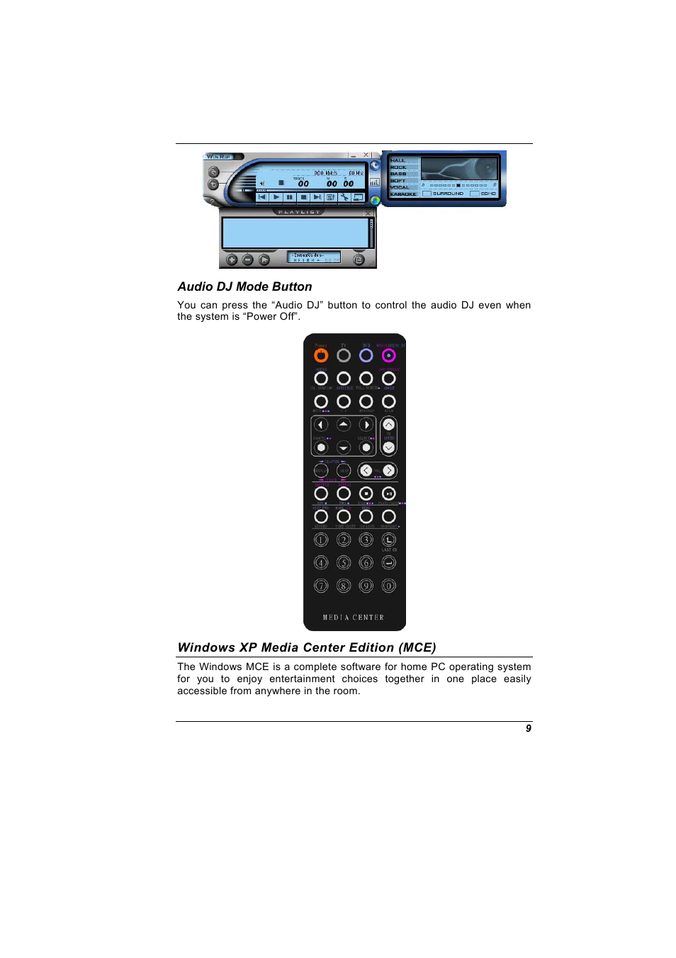 Audio dj mode button, Windows xp media center edition (mce) | Elitegroup G900 Quick Guide User Manual | Page 9 / 10