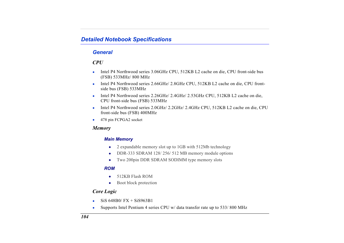 Detailed notebook specifications, General, Memory | Core logic | Elitegroup G736 User Manual | Page 106 / 112