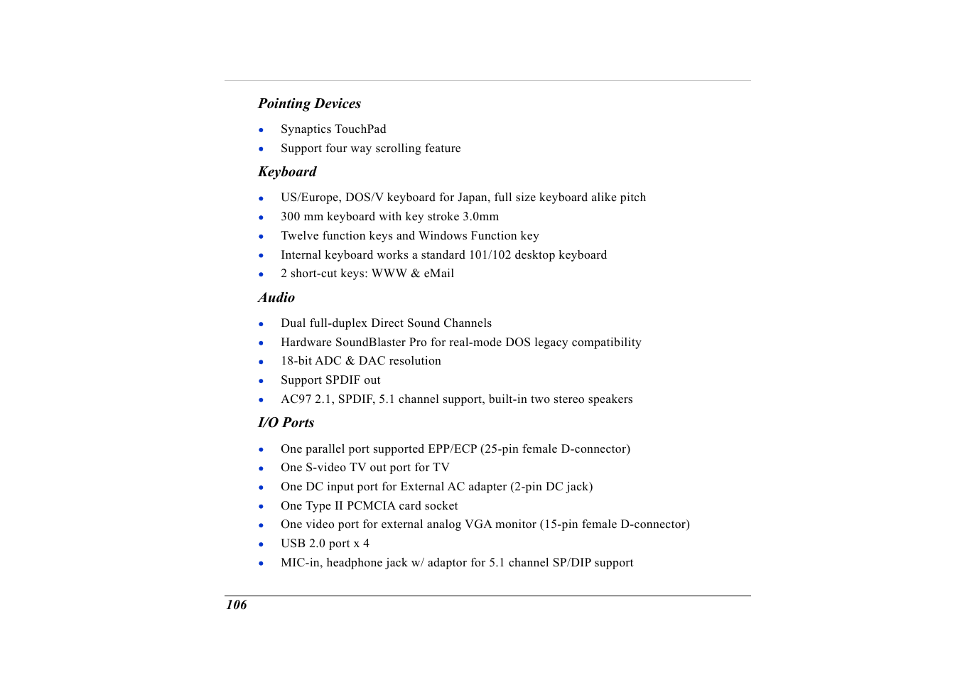 Pointing devices, Keyboard, Audio | I/o ports | Elitegroup G736 User Manual | Page 108 / 112