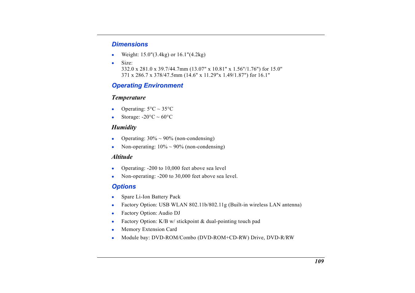 Dimensions, Operating environment, Temperature | Humidity, Altitude, Options | Elitegroup G736 User Manual | Page 111 / 112