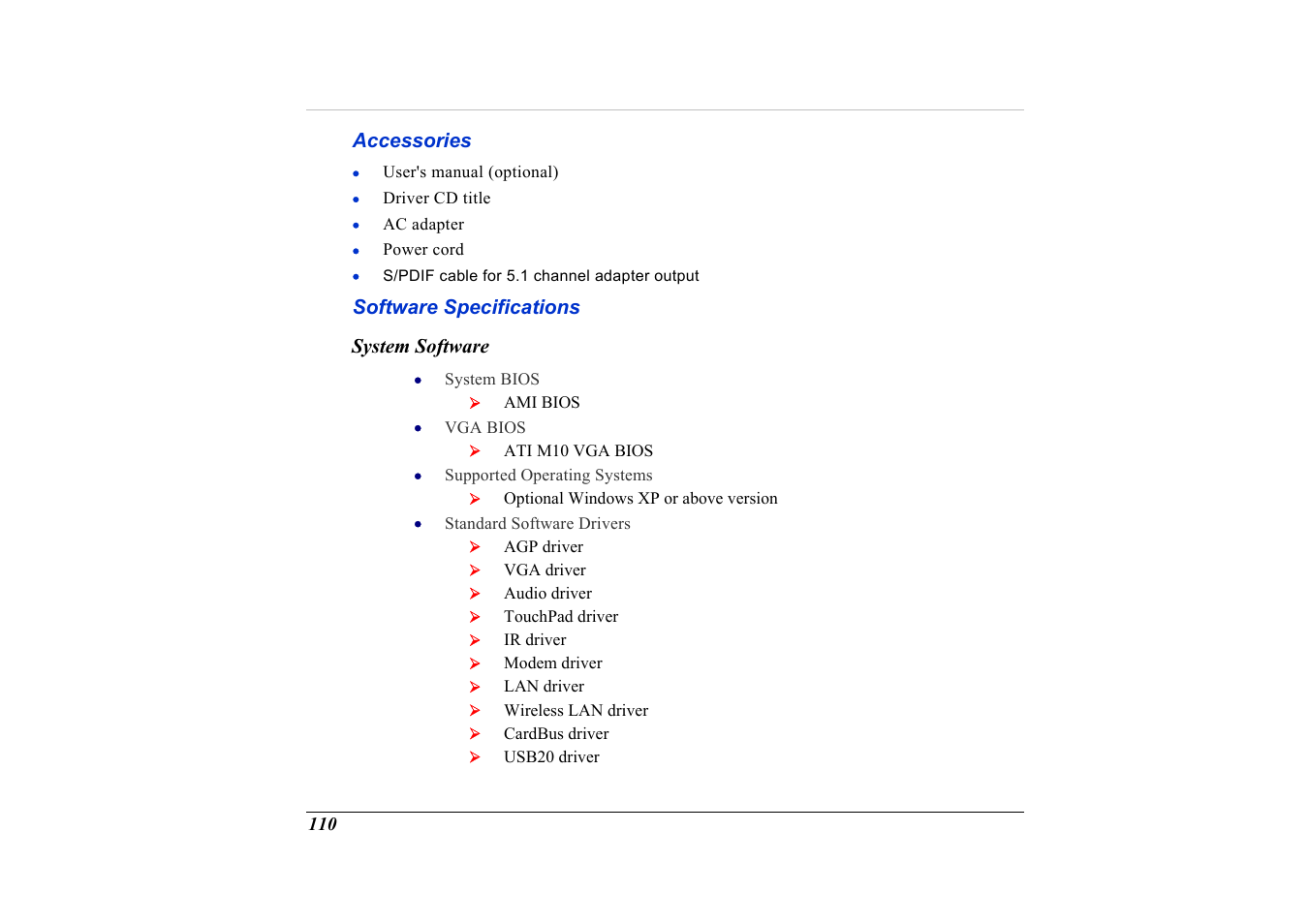 Accessories, Software specifications, System software | Elitegroup G736 User Manual | Page 112 / 112