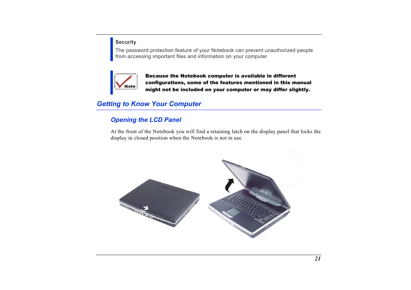 Getting to know your computer, Opening the lcd panel | Elitegroup G736 User Manual | Page 23 / 112