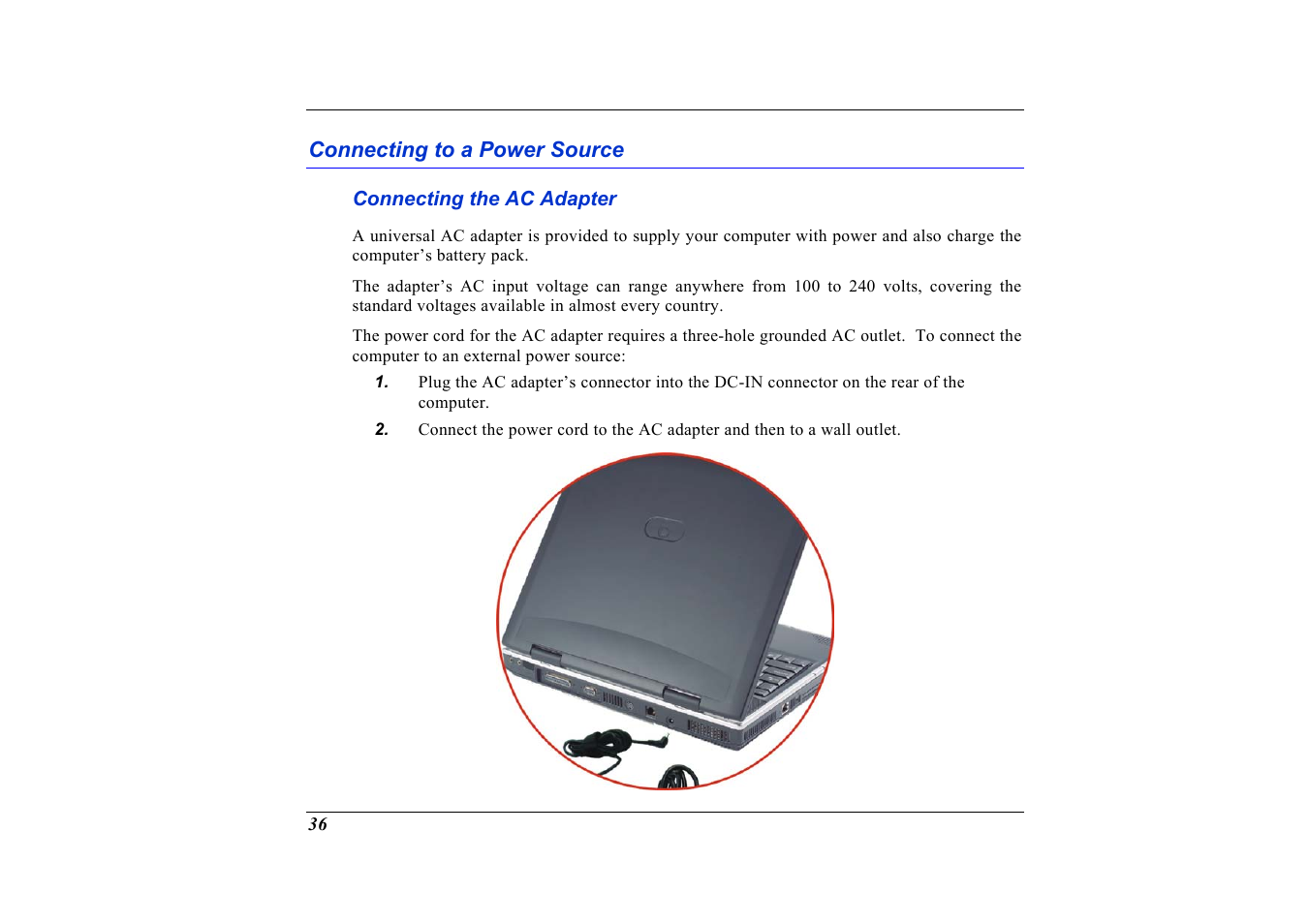 Connecting to a power source, Connecting the ac adapter | Elitegroup G736 User Manual | Page 38 / 112