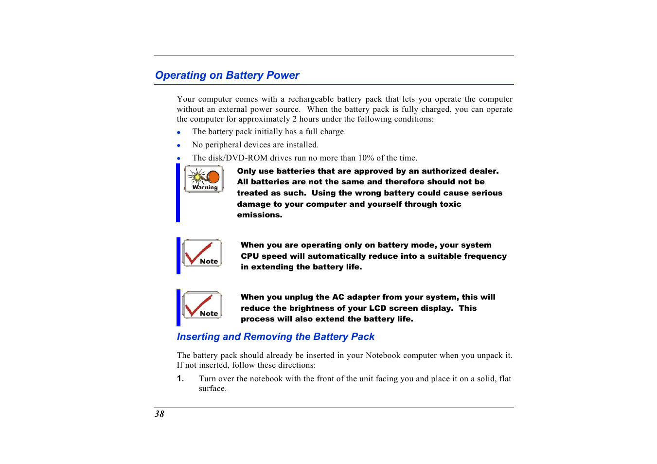 Operating on battery power, Inserting and removing the battery pack | Elitegroup G736 User Manual | Page 40 / 112