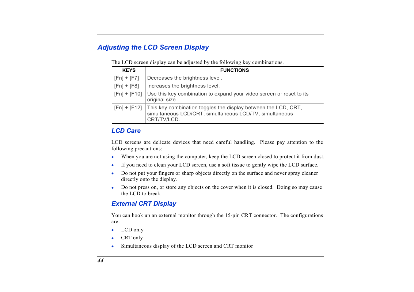 Adjusting the lcd screen display, Lcd care, External crt display | Elitegroup G736 User Manual | Page 46 / 112