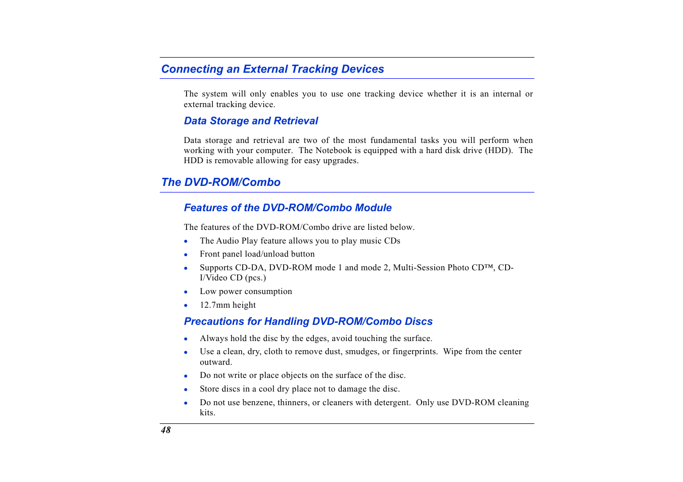 Connecting an external tracking devices, Data storage and retrieval, The dvd-rom/combo | Features of the dvd-rom/combo module, Precautions for handling dvd-rom/combo discs | Elitegroup G736 User Manual | Page 50 / 112