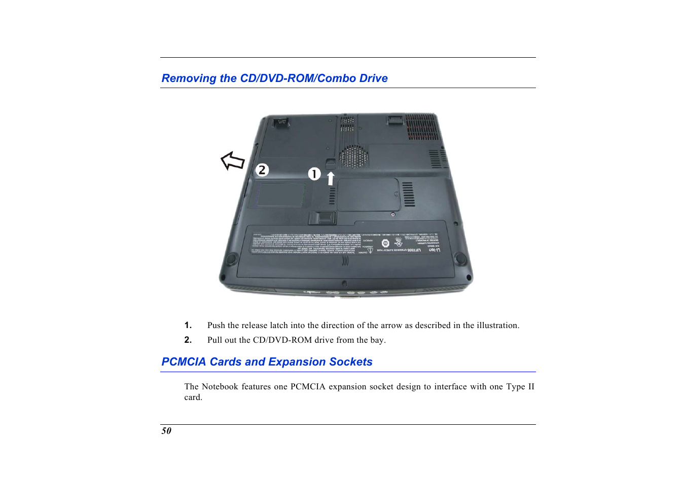 Removing the cd/dvd-rom/combo drive, Pcmcia cards and expansion sockets | Elitegroup G736 User Manual | Page 52 / 112