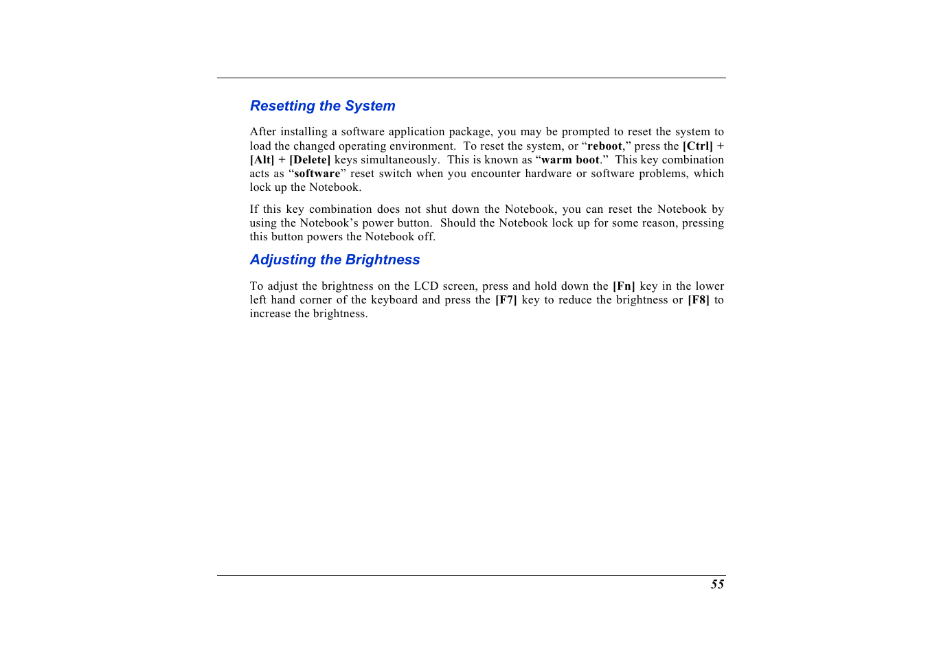 Resetting the system, Adjusting the brightness | Elitegroup G736 User Manual | Page 57 / 112