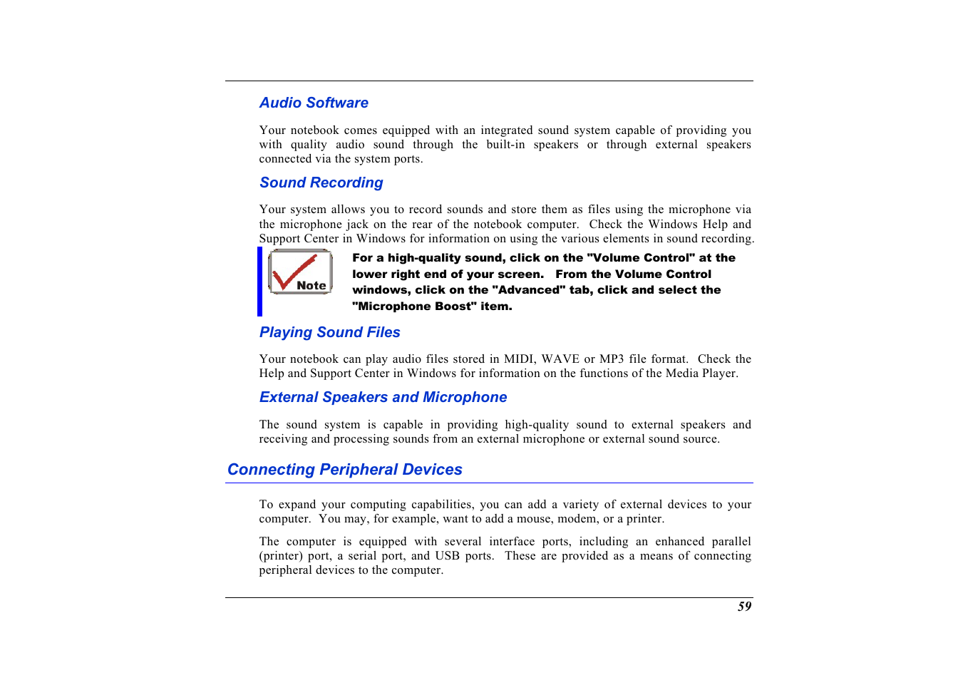 Audio software, Sound recording, Playing sound files | External speakers and microphone, Connecting peripheral devices | Elitegroup G736 User Manual | Page 61 / 112