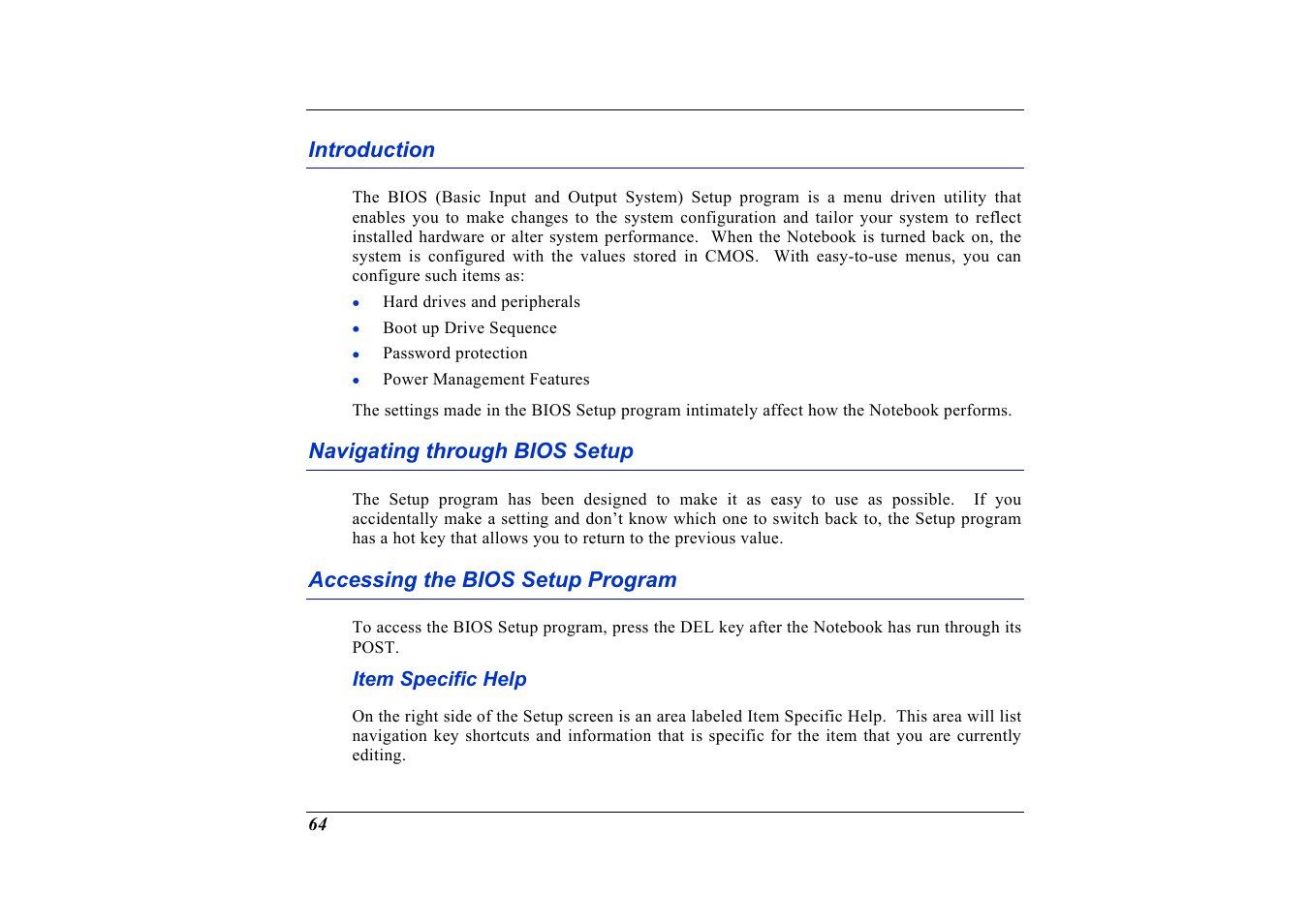 Introduction, Navigating through bios setup, Accessing the bios setup program | Item specific help | Elitegroup G736 User Manual | Page 66 / 112