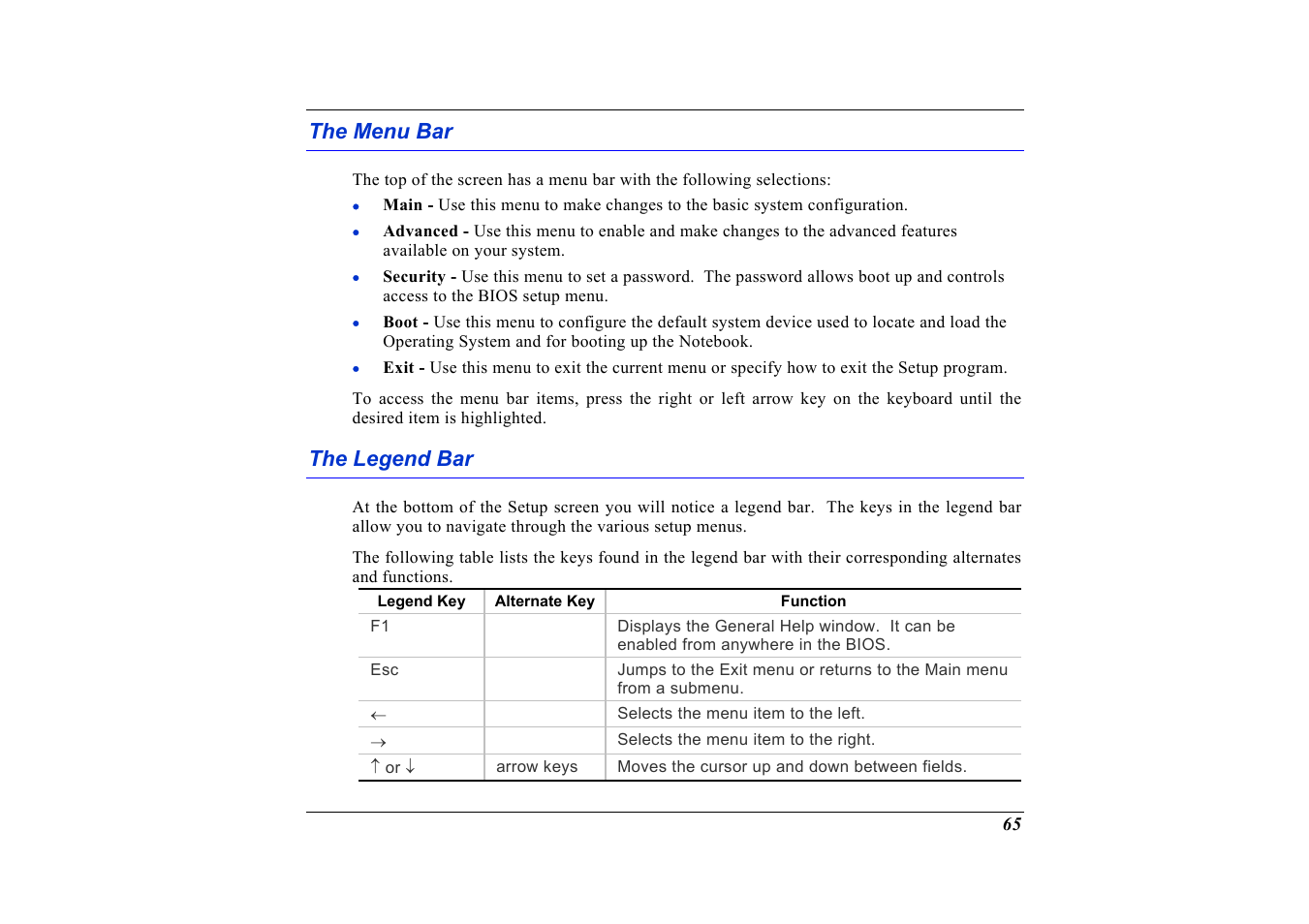 The menu bar, The legend bar | Elitegroup G736 User Manual | Page 67 / 112