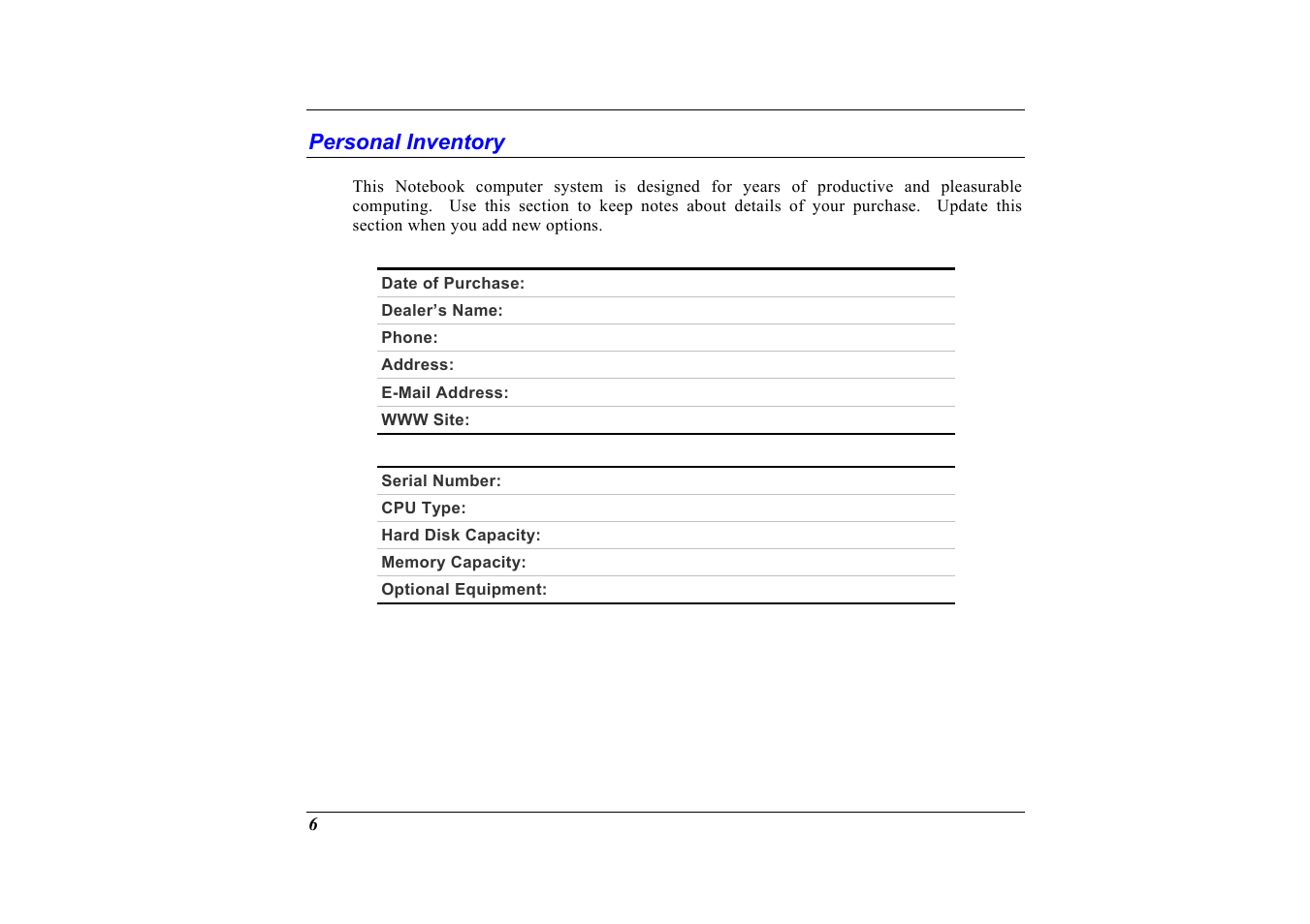 Personal inventory | Elitegroup G736 User Manual | Page 8 / 112