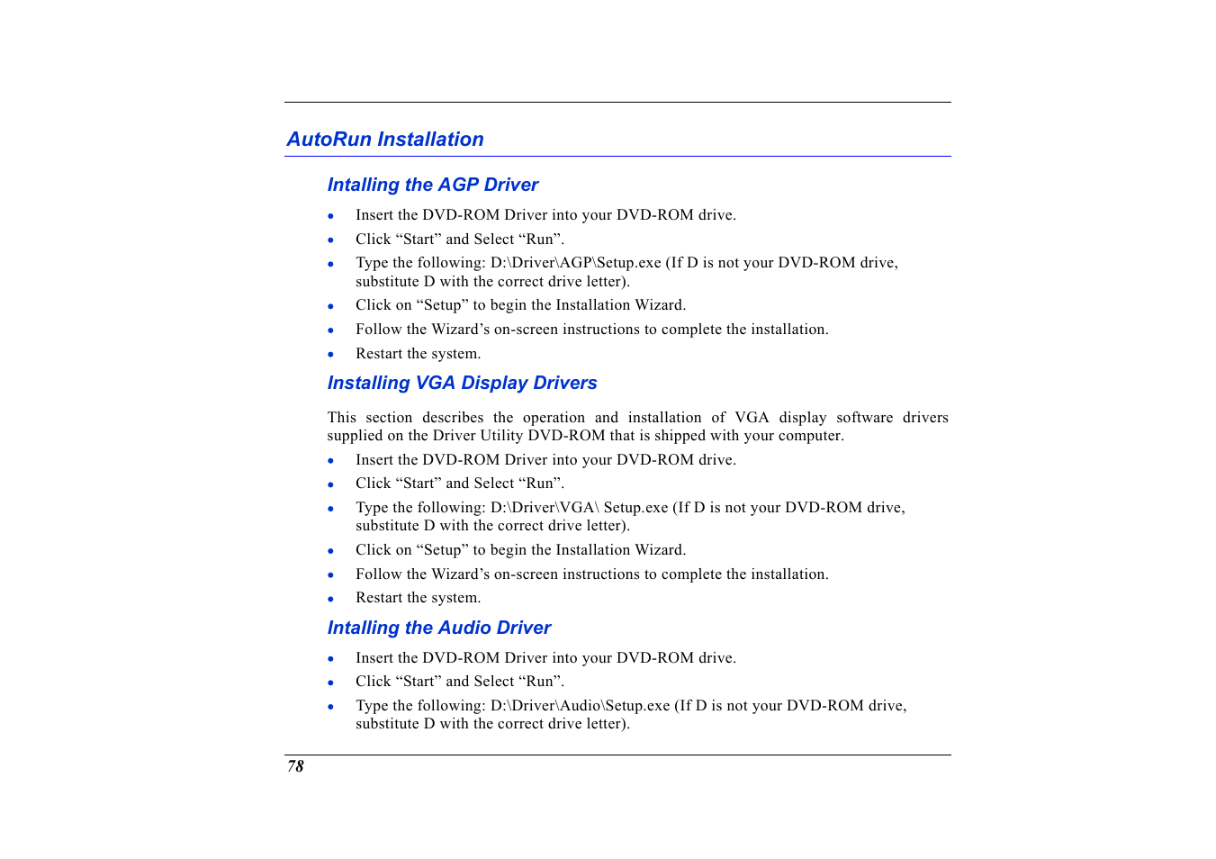 Autorun installation, Intalling the agp driver, Installing vga display drivers | Intalling the audio driver | Elitegroup G736 User Manual | Page 80 / 112