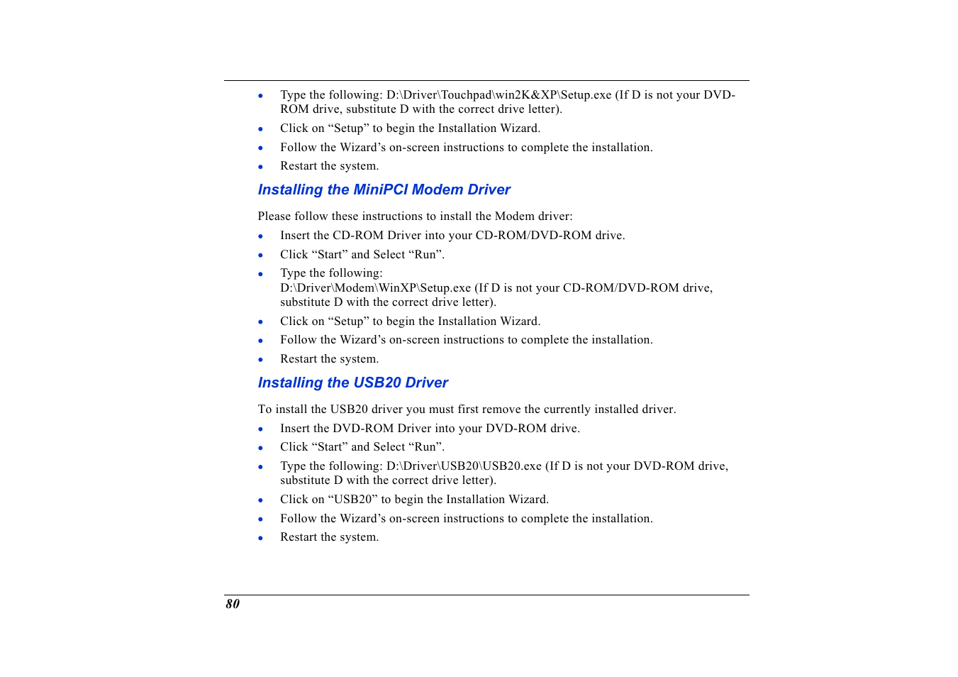 Installing the minipci modem driver, Installing the usb20 driver | Elitegroup G736 User Manual | Page 82 / 112