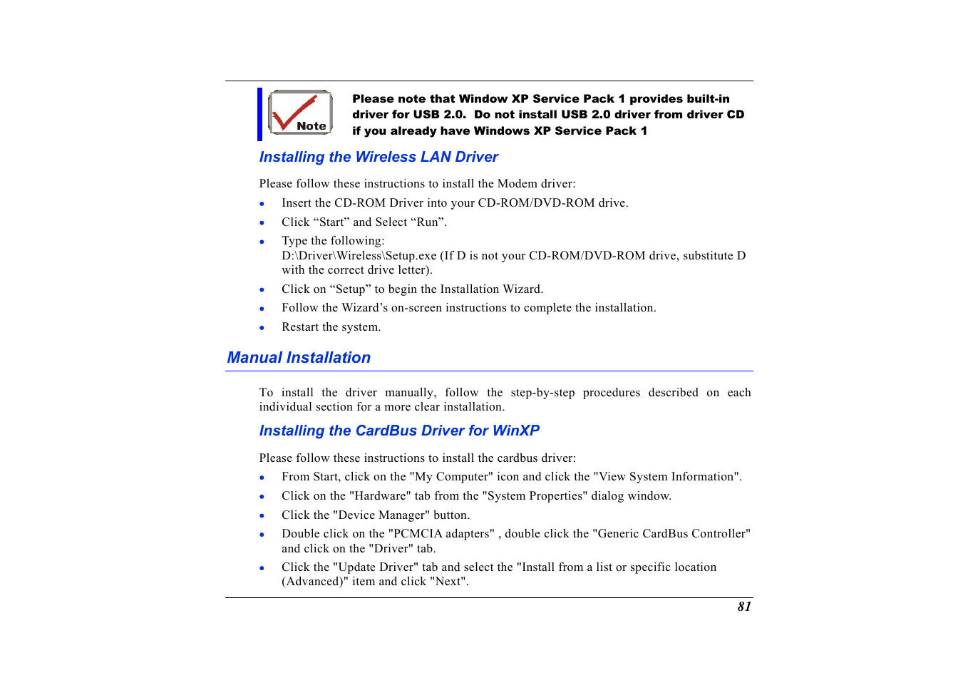 Installing the wireless lan driver, Manual installation, Installing the cardbus driver for winxp | Elitegroup G736 User Manual | Page 83 / 112