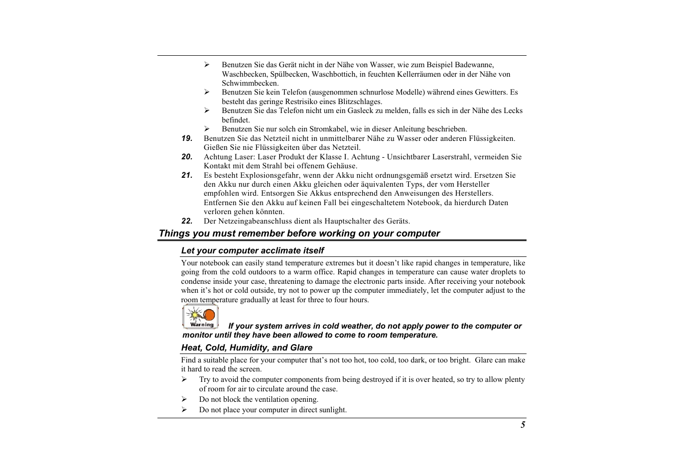 Let your computer acclimate itself, Heat, cold, humidity, and glare | Elitegroup G733G User Manual | Page 15 / 68