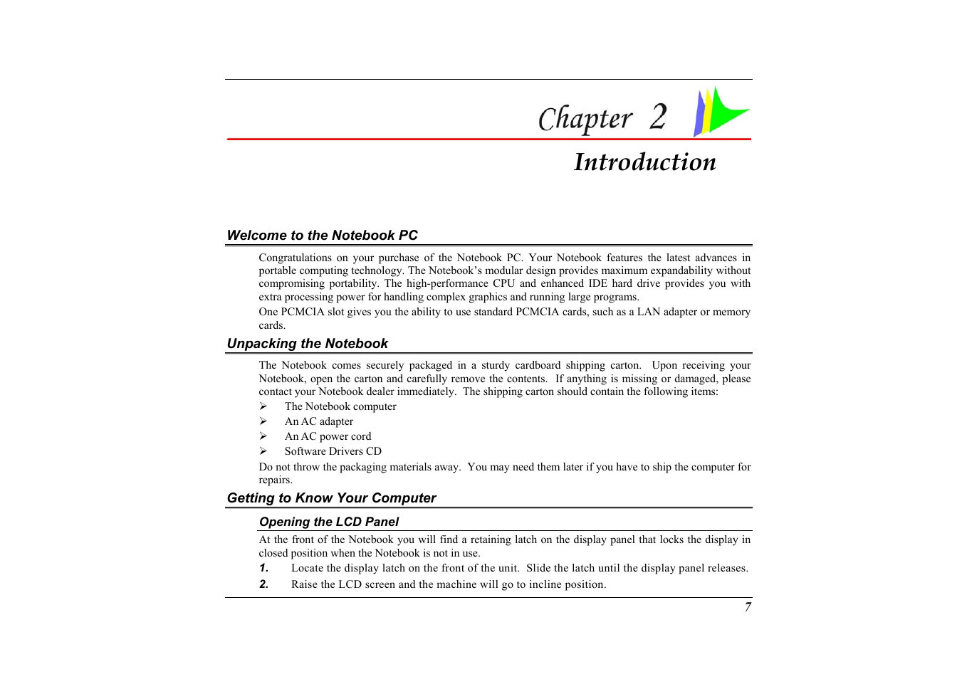 Welcome to the notebook pc, Unpacking the notebook, Getting to know your computer | Opening the lcd panel, Chapter 2: introduction, Introduction | Elitegroup G733G User Manual | Page 17 / 68