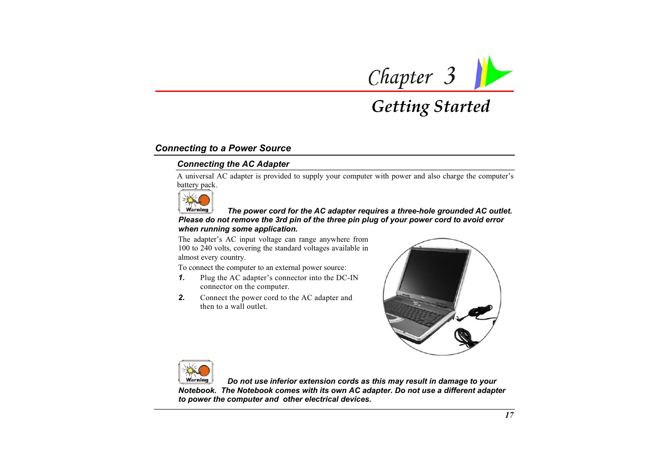 Connecting to a power source, Connecting the ac adapter, Chapter 3: getting started | Getting started | Elitegroup G733G User Manual | Page 27 / 68