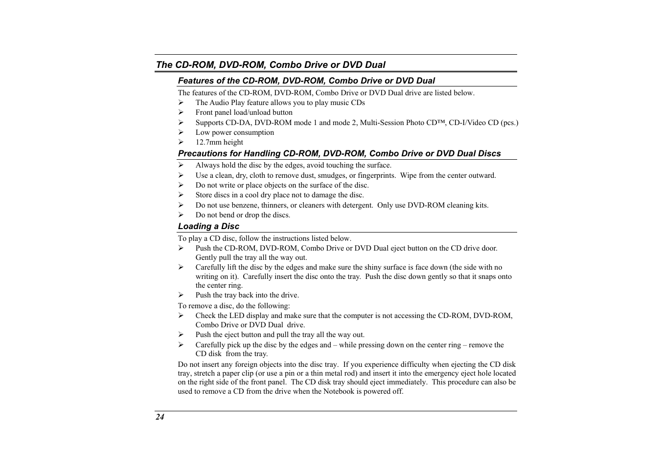 The cd-rom, dvd-rom, combo drive or dvd dual, Loading a disc | Elitegroup G733G User Manual | Page 34 / 68