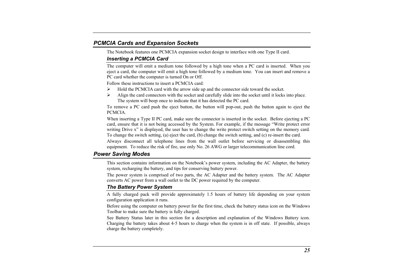 Pcmcia cards and expansion sockets, Inserting a pcmcia card, Power saving modes | The battery power system | Elitegroup G733G User Manual | Page 35 / 68