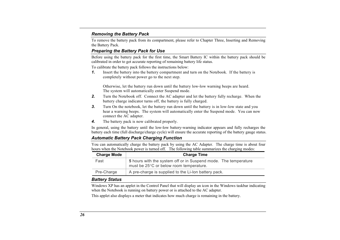 Removing the battery pack, Preparing the battery pack for use, Automatic battery pack charging function | Battery status | Elitegroup G733G User Manual | Page 36 / 68