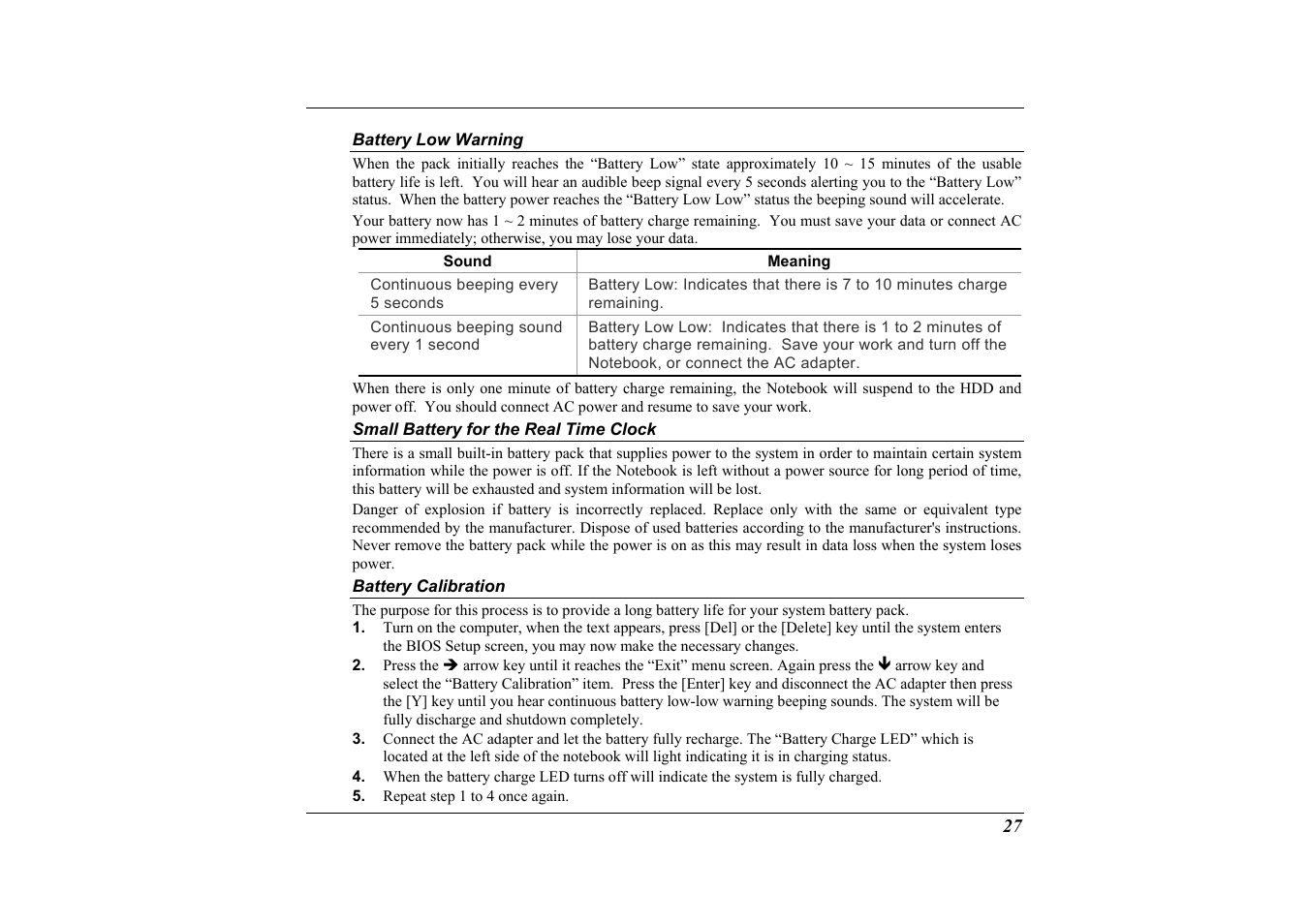 Battery low warning, Small battery for the real time clock, Battery calibration | Elitegroup G733G User Manual | Page 37 / 68