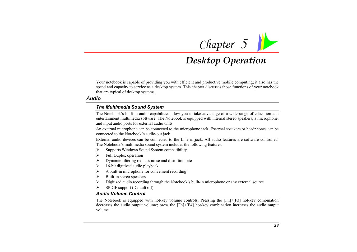 Audio, The multimedia sound system, Audio volume control | Chapter 5: desktop operation, Desktop operation | Elitegroup G733G User Manual | Page 39 / 68