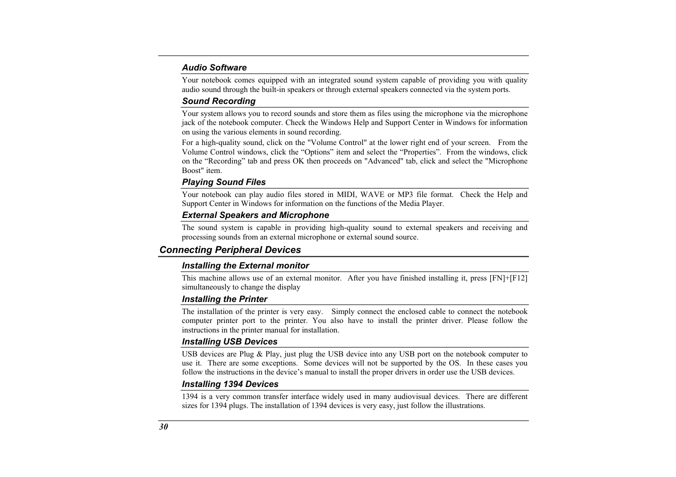 Audio software, Sound recording, Playing sound files | External speakers and microphone, Connecting peripheral devices, Installing the external monitor, Installing the printer, Installing usb devices, Installing 1394 devices | Elitegroup G733G User Manual | Page 40 / 68