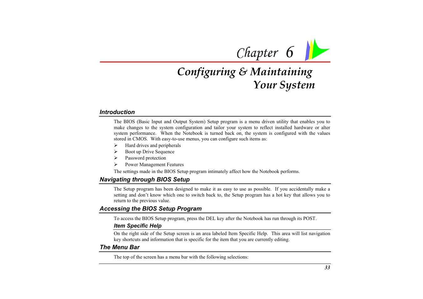 Introduction, Navigating through bios setup, Accessing the bios setup program | Item specific help, The menu bar, Chapter 6: configuring & maintaining your system, Configuring & maintaining your system | Elitegroup G733G User Manual | Page 43 / 68