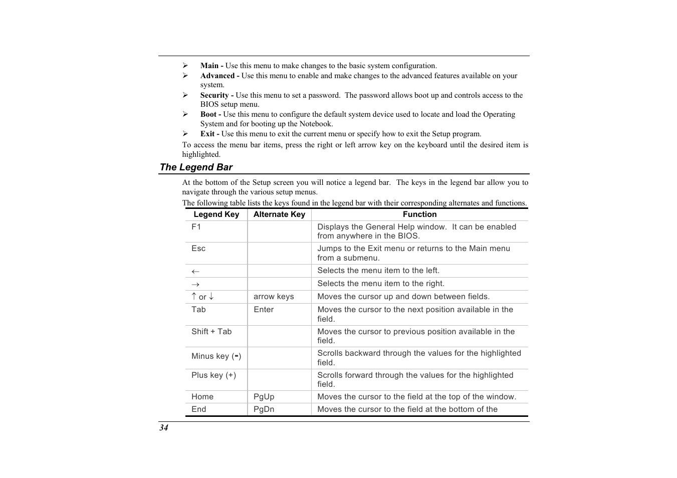 The legend bar, Save changes and exit the setup program | Elitegroup G733G User Manual | Page 44 / 68