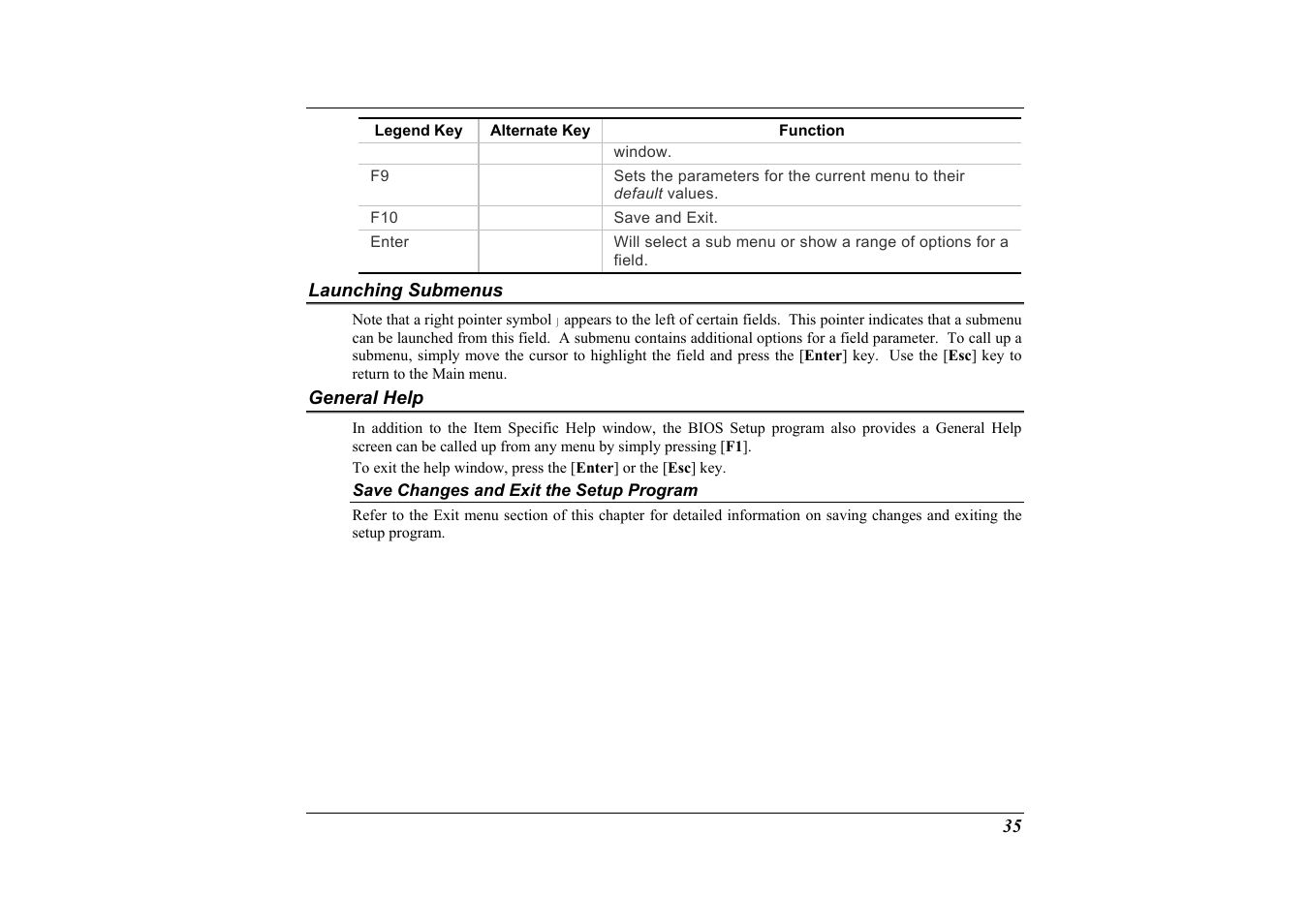 Launching submenus, General help | Elitegroup G733G User Manual | Page 45 / 68