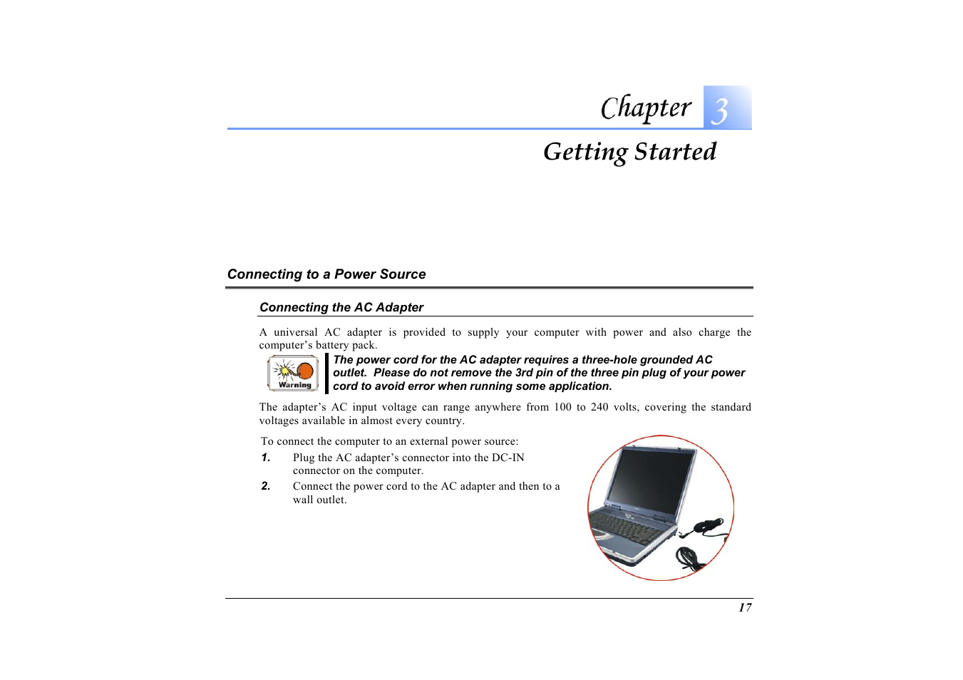 Connecting to a power source, Connecting the ac adapter, Getting started | Elitegroup G733 User Manual | Page 25 / 77