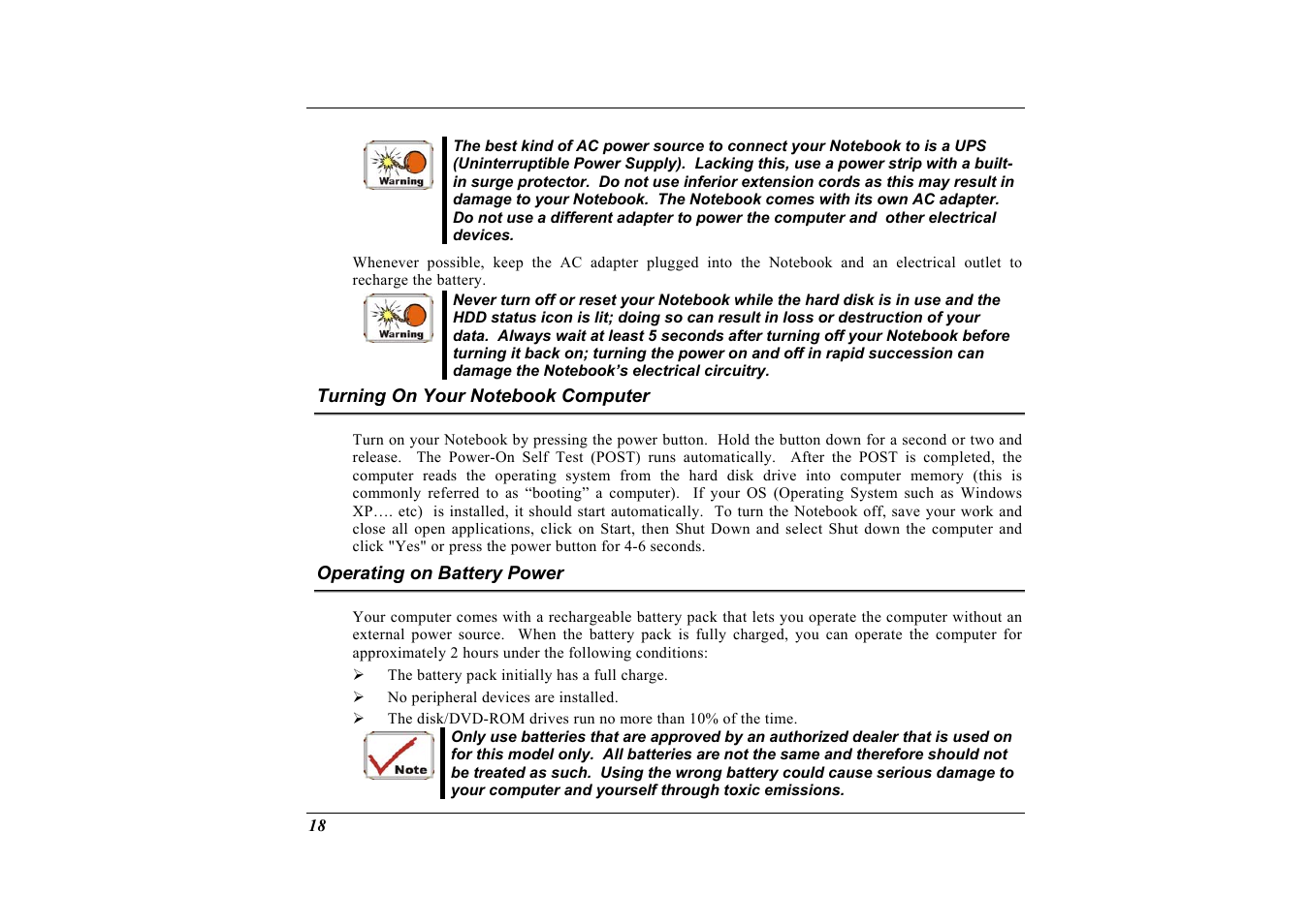 Turning on your notebook computer, Operating on battery power | Elitegroup G733 User Manual | Page 26 / 77