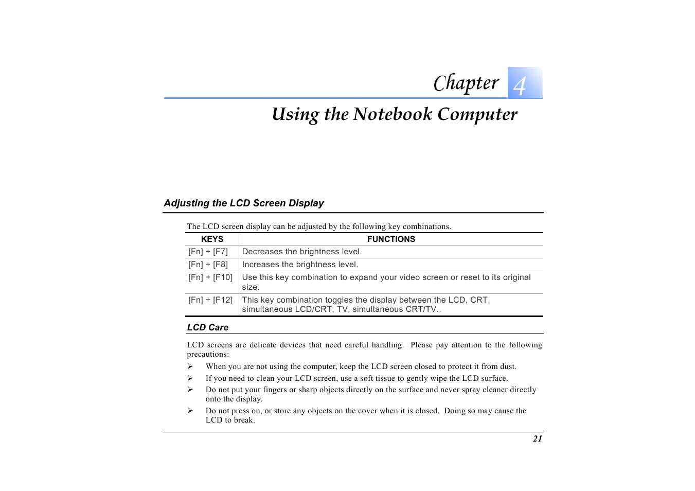 Adjusting the lcd screen display, Lcd care | Elitegroup G733 User Manual | Page 29 / 77