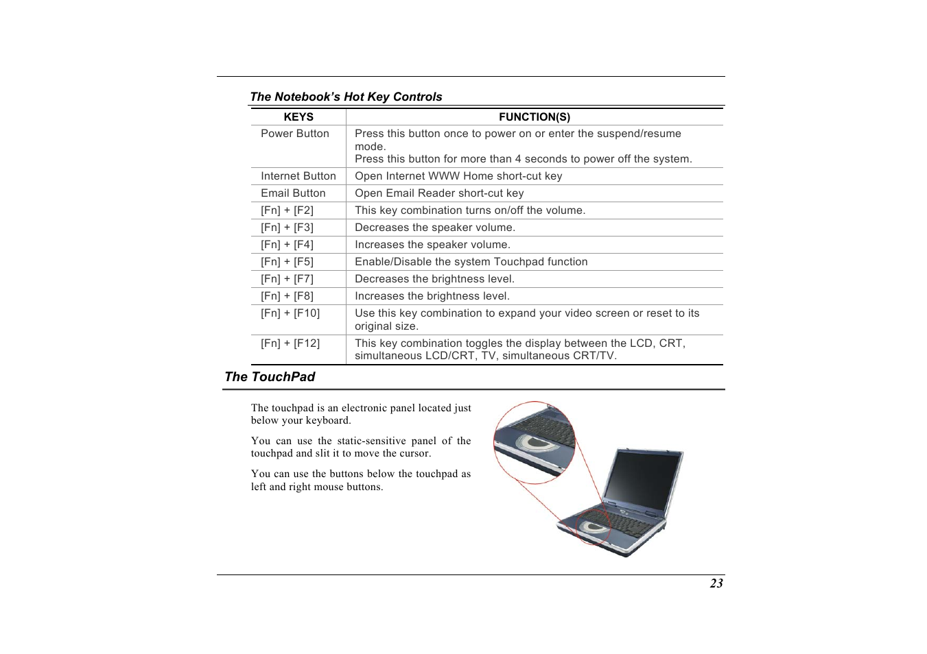 The notebook’s hot key controls, The touchpad | Elitegroup G733 User Manual | Page 31 / 77