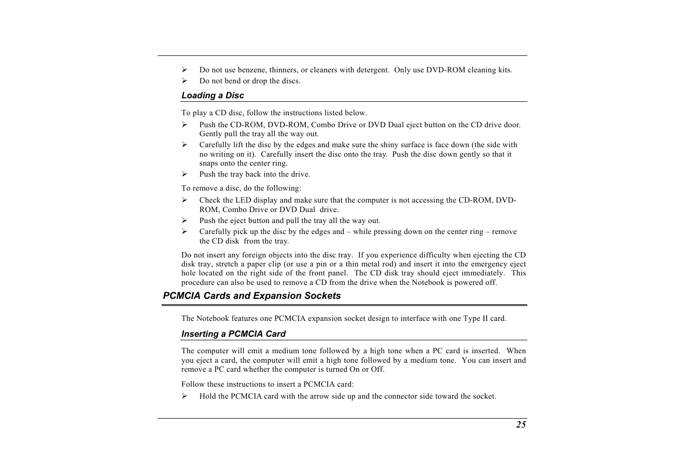 Loading a disc, Pcmcia cards and expansion sockets, Inserting a pcmcia card | Elitegroup G733 User Manual | Page 33 / 77