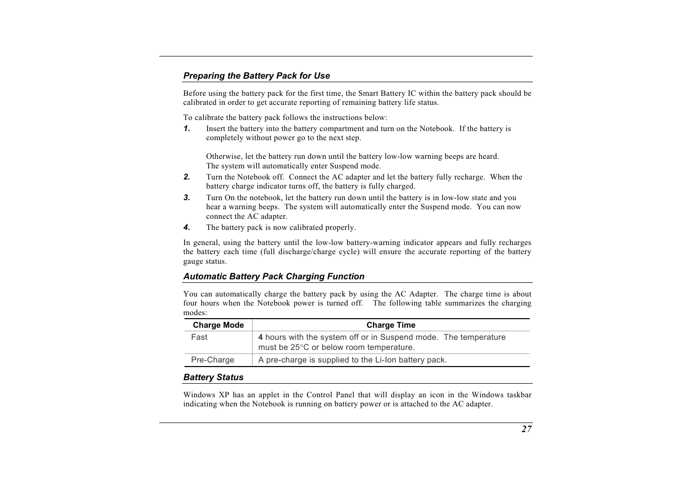 Preparing the battery pack for use, Automatic battery pack charging function, Battery status | Elitegroup G733 User Manual | Page 35 / 77