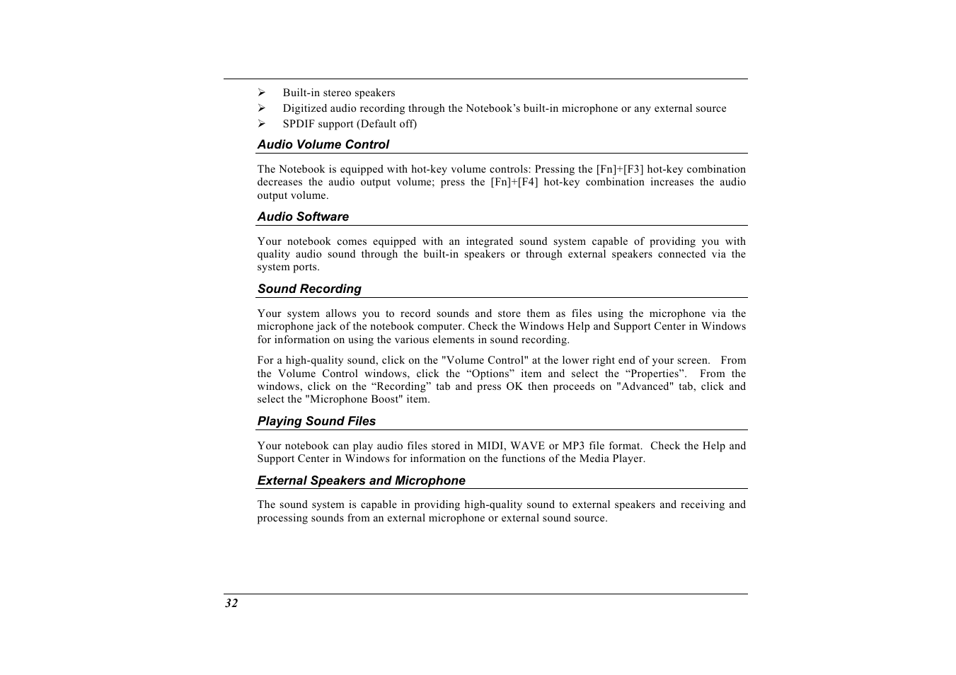 Audio volume control, Audio software, Sound recording | Playing sound files, External speakers and microphone | Elitegroup G733 User Manual | Page 40 / 77