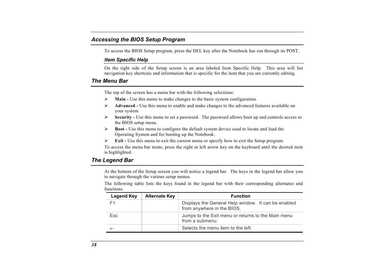 Accessing the bios setup program, Item specific help, The menu bar | The legend bar | Elitegroup G733 User Manual | Page 46 / 77